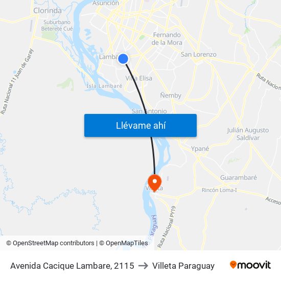 Avenida Cacique Lambare, 2115 to Villeta Paraguay map