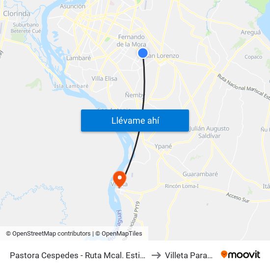 Pastora Cespedes - Ruta Mcal. Estigarribia to Villeta Paraguay map