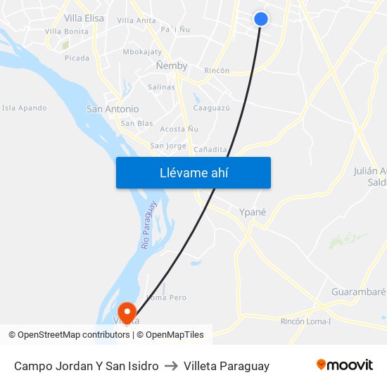 Campo Jordan Y San Isidro to Villeta Paraguay map