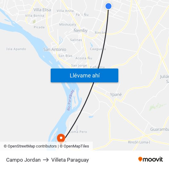 Campo Jordan to Villeta Paraguay map