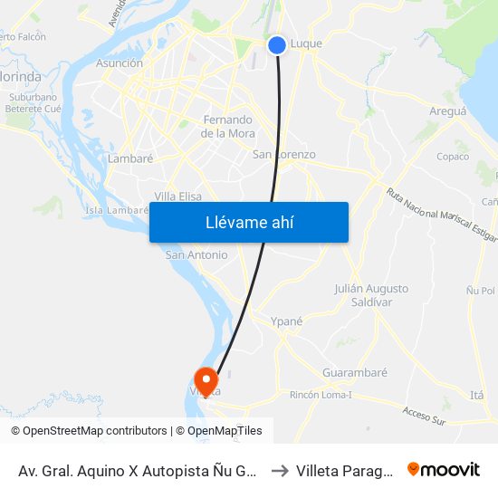 Av. Gral. Aquino X Autopista Ñu Guasú to Villeta Paraguay map