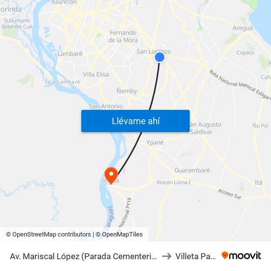 Av. Mariscal López (Parada Cementerio De San Lorenzo) to Villeta Paraguay map