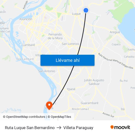 Ruta Luque San Bernardino to Villeta Paraguay map