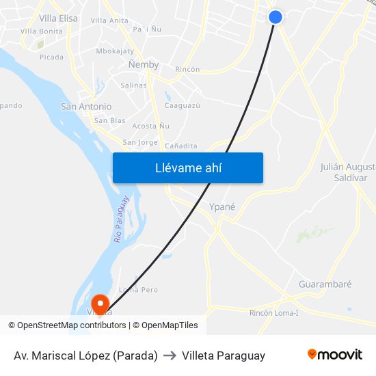 Av. Mariscal López (Parada) to Villeta Paraguay map