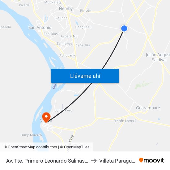 Av. Tte. Primero Leonardo Salinas 3 to Villeta Paraguay map