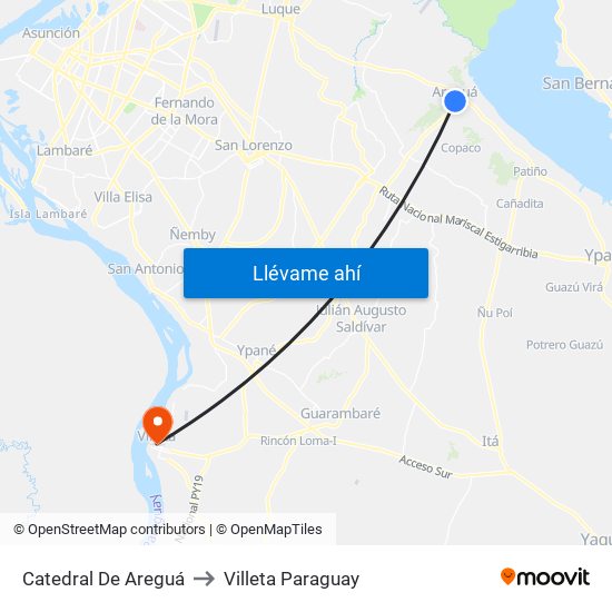 Catedral De Areguá to Villeta Paraguay map