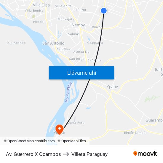 Av. Guerrero X Ocampos to Villeta Paraguay map