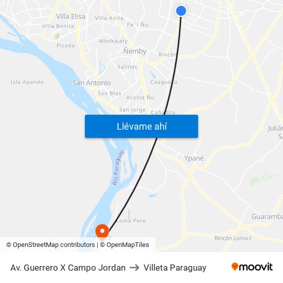 Av. Guerrero X Campo Jordan to Villeta Paraguay map