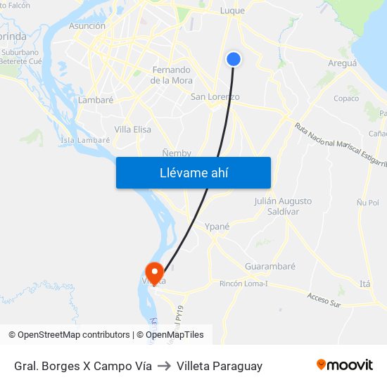 Gral. Borges X Campo Vía to Villeta Paraguay map