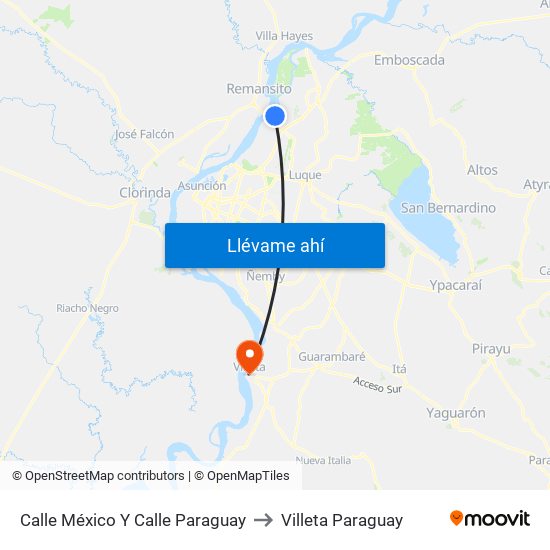 Calle México Y Calle Paraguay to Villeta Paraguay map