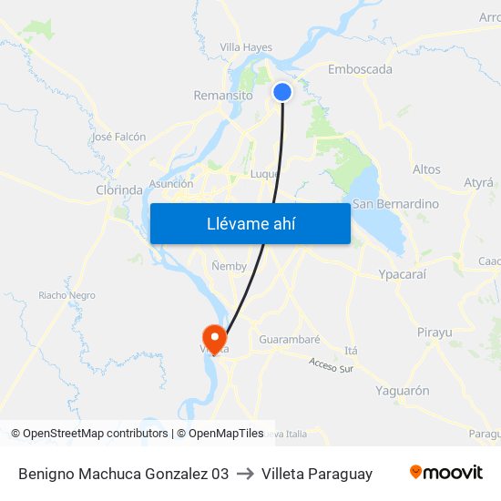 Benigno Machuca Gonzalez 03 to Villeta Paraguay map