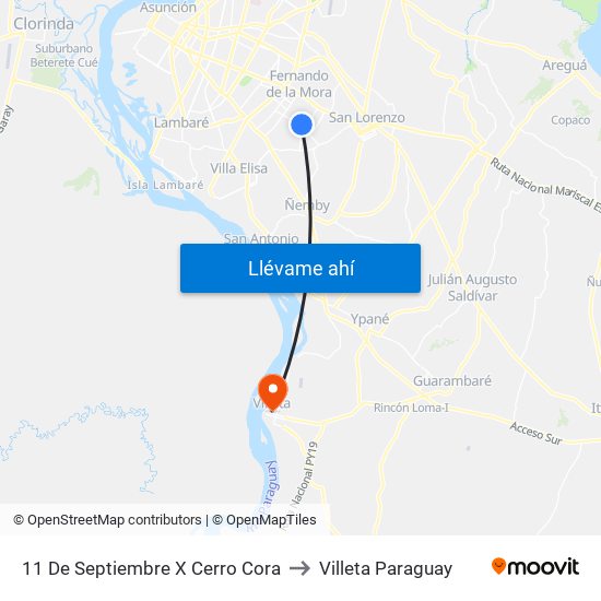 11 De Septiembre X Cerro Cora to Villeta Paraguay map