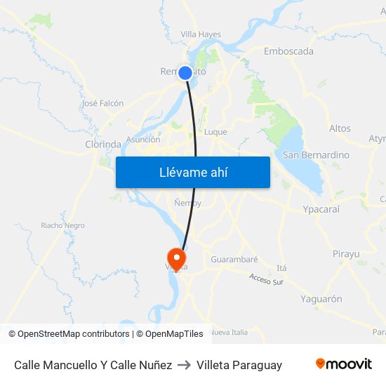 Calle Mancuello Y Calle Nuñez to Villeta Paraguay map