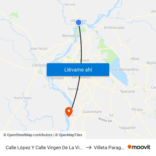 Calle López Y Calle Virgen De La Victoria to Villeta Paraguay map