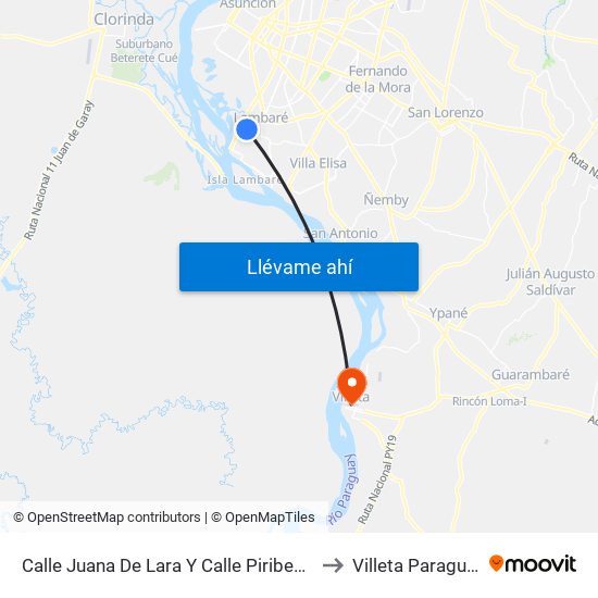 Calle Juana De Lara Y Calle Piribebuy to Villeta Paraguay map