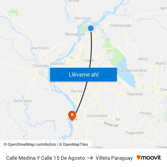 Calle Medina Y Calle 15 De Agosto to Villeta Paraguay map