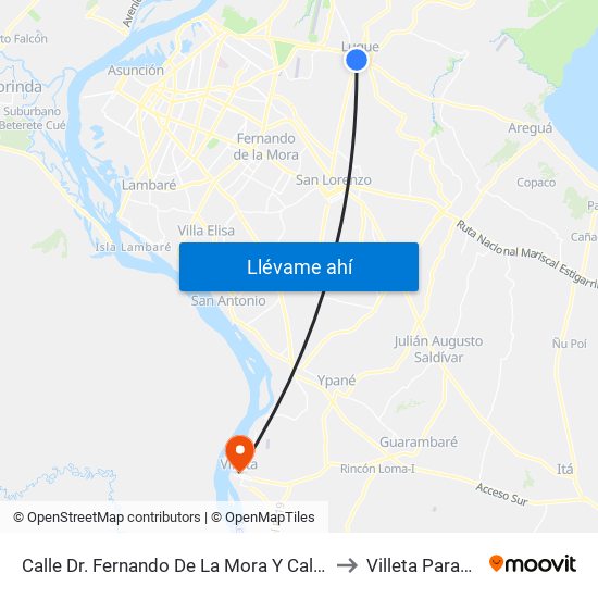 Calle Dr. Fernando De La Mora Y Calle Garay to Villeta Paraguay map