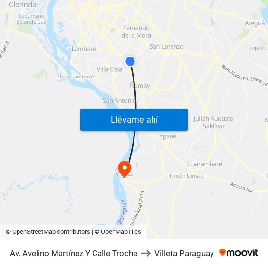 Av. Avelino Martínez Y Calle Troche to Villeta Paraguay map