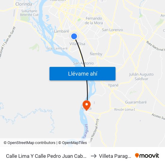 Calle Lima Y Calle Pedro Juan Caballero to Villeta Paraguay map