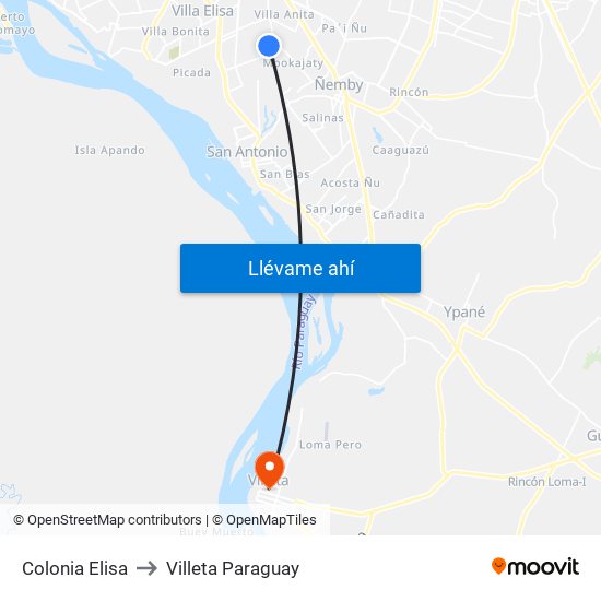 Colonia Elisa to Villeta Paraguay map