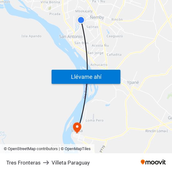 Tres Fronteras to Villeta Paraguay map