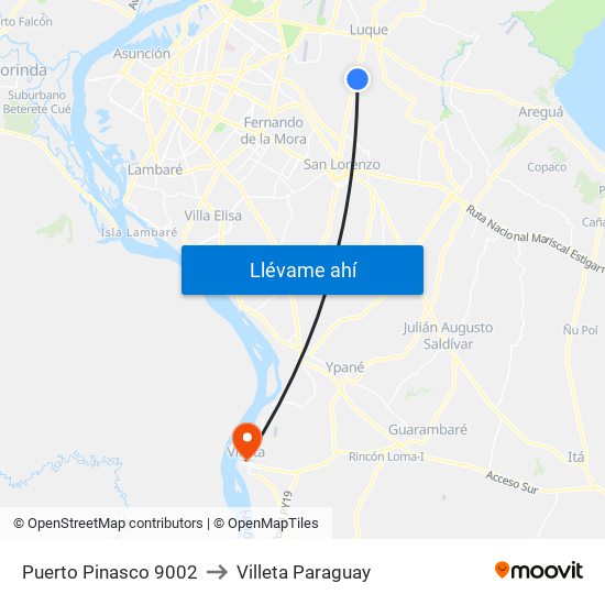 Puerto Pinasco 9002 to Villeta Paraguay map