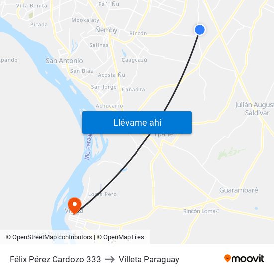 Félix Pérez Cardozo 333 to Villeta Paraguay map