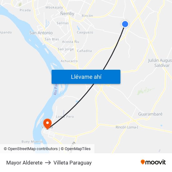 Mayor Alderete to Villeta Paraguay map