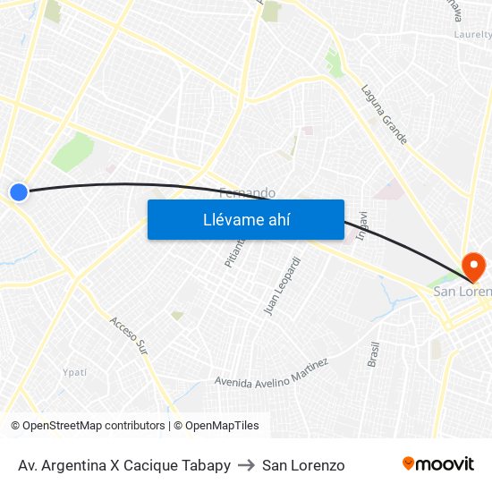 Av. Argentina X Cacique Tabapy to San Lorenzo map