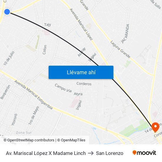 Av. Mariscal López X Madame Linch to San Lorenzo map