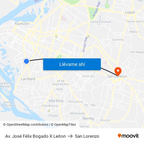 Av. José Félix Bogado X Leiton to San Lorenzo map