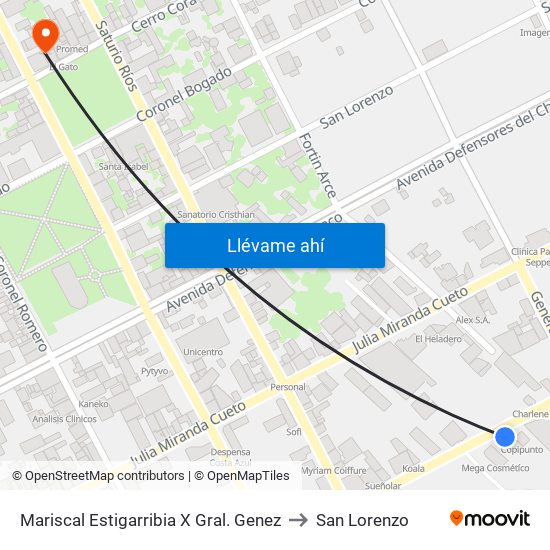 Mariscal Estigarribia X Gral. Genez to San Lorenzo map