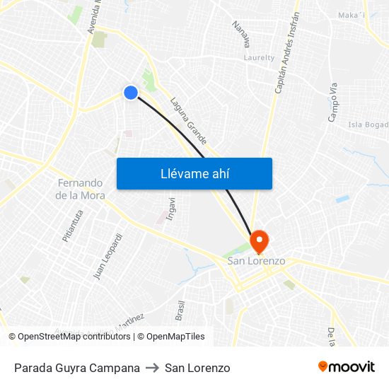 Parada Guyra Campana to San Lorenzo map