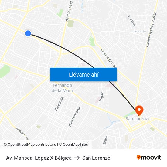 Av. Mariscal López X Bélgica to San Lorenzo map