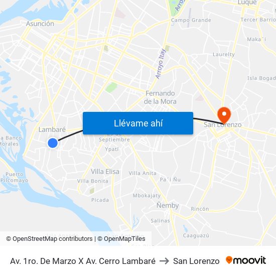 Av. 1ro. De Marzo X Av. Cerro Lambaré to San Lorenzo map