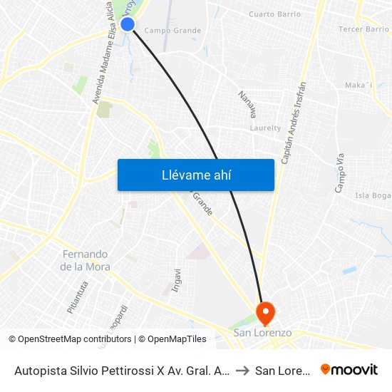 Autopista Silvio Pettirossi X Av. Gral. Aquino to San Lorenzo map