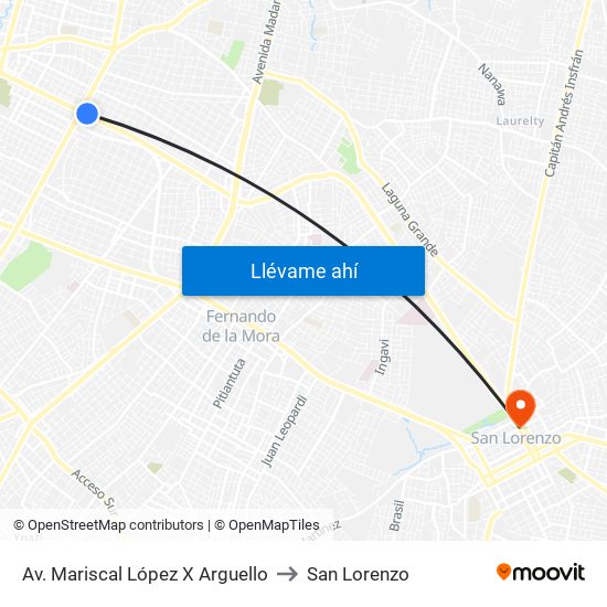 Av. Mariscal López X Arguello to San Lorenzo map