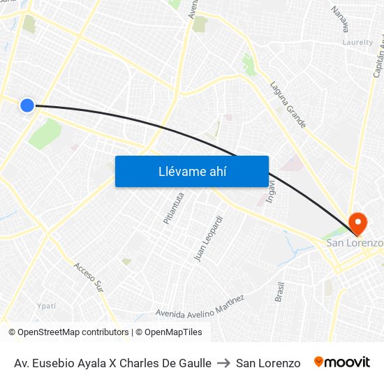 Av. Eusebio Ayala X Charles De Gaulle to San Lorenzo map