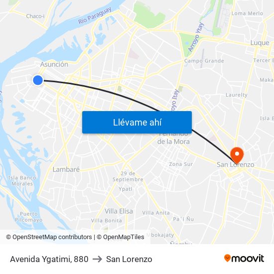 Avenida Ygatimi, 880 to San Lorenzo map