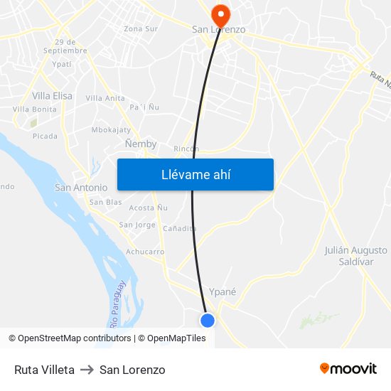 Ruta Villeta to San Lorenzo map