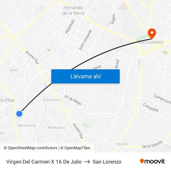 Virgen Del Carmen X 16 De Julio to San Lorenzo map