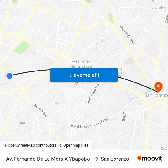 Av. Fernando De La Mora X Ybapobo to San Lorenzo map