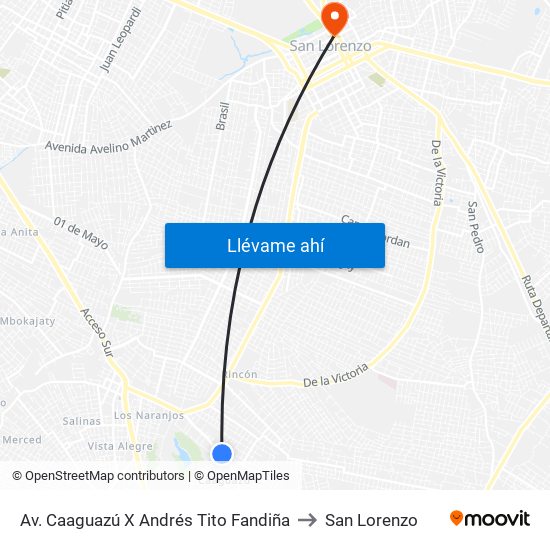 Av. Caaguazú X Andrés Tito Fandiña to San Lorenzo map