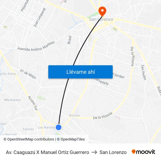 Av. Caaguazú X Manuel Ortíz Guerrero to San Lorenzo map