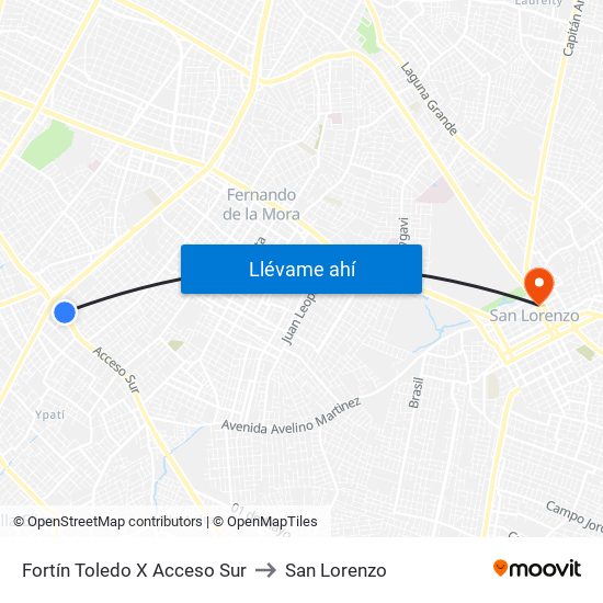 Fortín Toledo X Acceso Sur to San Lorenzo map