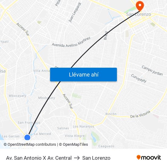 Av. San Antonio X Av. Central to San Lorenzo map