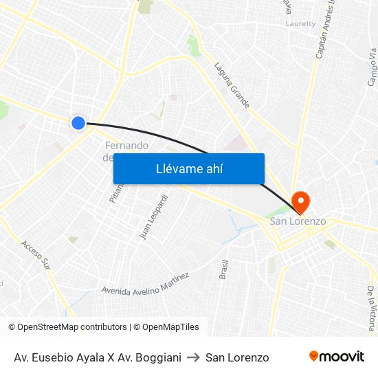 Av. Eusebio Ayala X Av. Boggiani to San Lorenzo map