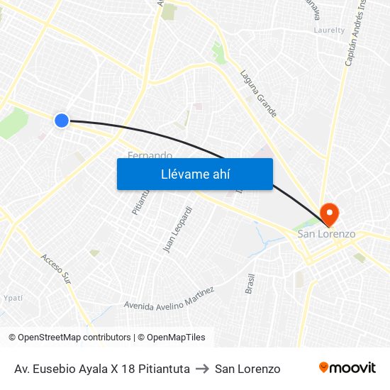 Av. Eusebio Ayala X 18 Pitiantuta to San Lorenzo map