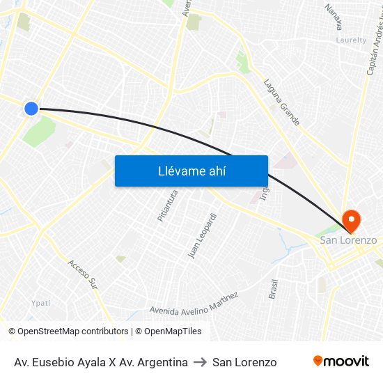 Av. Eusebio Ayala X Av. Argentina to San Lorenzo map