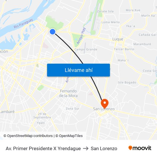 Av. Primer Presidente X Yrendague to San Lorenzo map